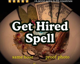 Puede incluir: Un cuenco blanco con arroz blanco, tres billetes de un dólar, hojas de laurel, una rama de canela, monedas y pétalos de flores secas. El texto dice: Get Hired Spell, +6,9000 sales to 83 countries, same hour, proof photo, audio prayer.