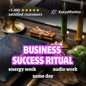 May include: An image of a business success ritual with candles, a notebook, and a pen on a wooden surface. The text reads "Business Success Ritual" with additional text for "energy work", "audio work", and "same day".