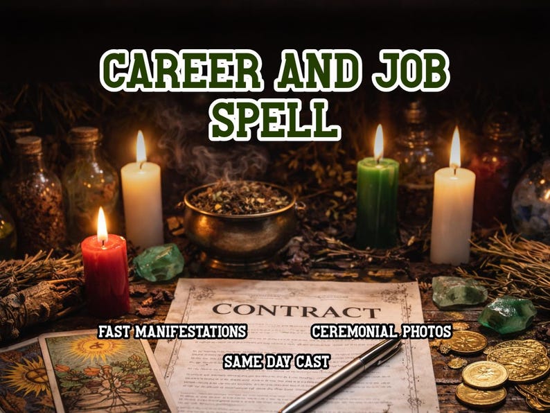 May include: An image featuring a career and job spell theme. The scene includes lit candles, a contract, tarot cards, coins, and a bowl of herbs. Text on the image reads "Career and Job Spell", "Fast Manifestations", "Ceremonial Photos", and "Same Day Cast".