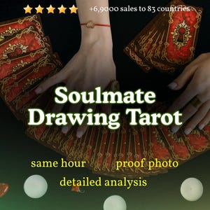 May include: A deck of tarot cards with red and gold ornate backs featuring a keyhole design, spread out in a fan shape. The text reads Soulmate Drawing Tarot, +6,9000 sales to 83 countries, same hour, proof photo, and detailed analysis.