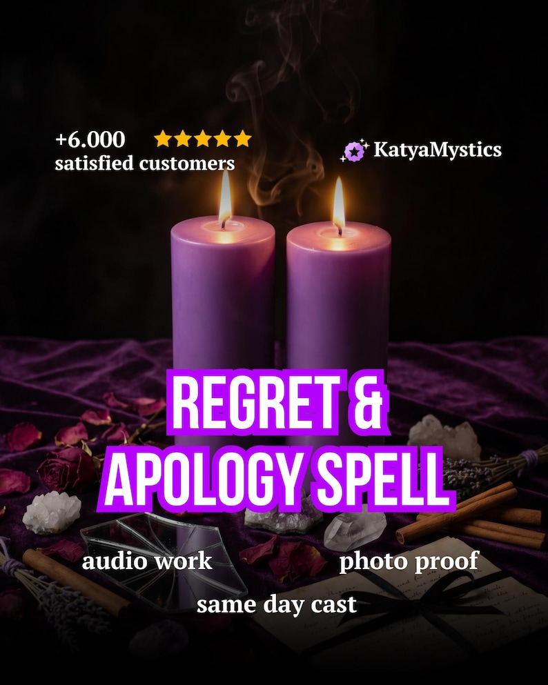 Puede incluir: Dos velas de pilar moradas con llamas encendidas, rodeadas de p&eacute;talos de rosa, cristales, ramas de canela y lavanda seca. Texto: +6.000 satisfied customers, KatyaMystics, REGRET & APOLOGY SPELL, audio work, photo proof, same day cast.