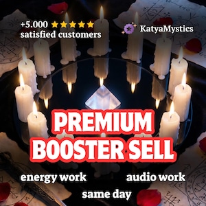 May include: A mystical scene featuring lit white candles arranged around a mirrored surface. The image includes a crystal pyramid, a dagger, and text that reads "PREMIUM BOOSTER SELL", "energy work", "audio work", and "same day".