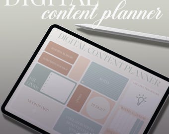 May include: A digital content planner on a tablet screen with sections for business analysis, competitive research, social media links, mood board, notes, budget, creation framework, weekly calendar, and monthly calendar.