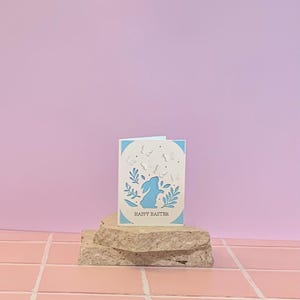 Handmade Card. Blue Bunny With Butterflies. Happy Easter. Blank