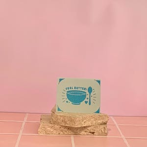 Card. Feel Better. Soup Bowl With Spoon. Blue Holographic. Blank