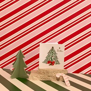 Handmade Greeting Card. Green Christmas Tree With Red Bow. Blank