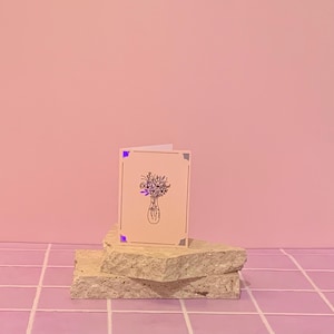 Card. Apricot With Vase Of Holographic Flowers. Blank