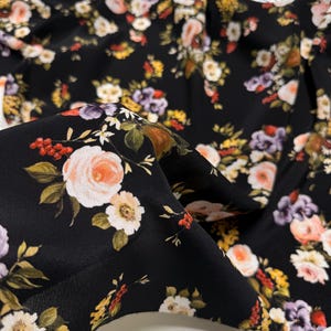 Luxurious Black Floral Silk Fabric for Couture Sewing Projects, Italian Designer Charmeuse Material