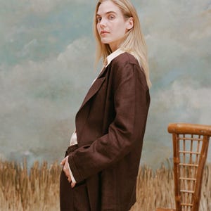 Example suit: Elegant Textured Wool Fabric with linen fibers for Tailored Suits and Dresses - Rich Brown Hue: Fabric by the Meter