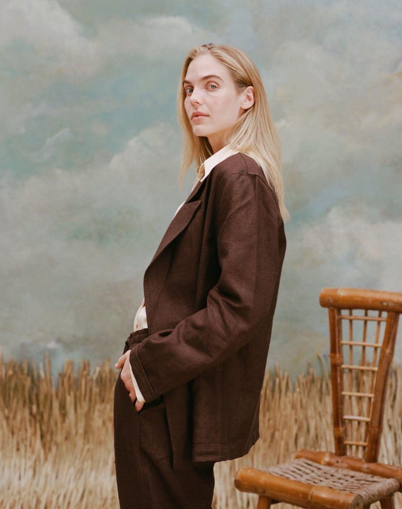 Example suit: Elegant Textured Wool Fabric with linen fibers for Tailored Suits and Dresses - Rich Brown Hue: Fabric by the Meter