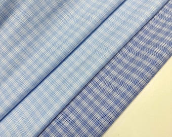 Italian Cotton Poplin Fabric: Light Blue Checkered Designer Fabric