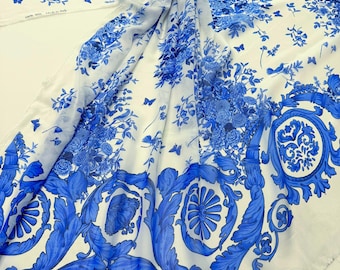Silk Chiffon Fabric Panel: Italian Designer Craft Supply, blue Floral - last panel