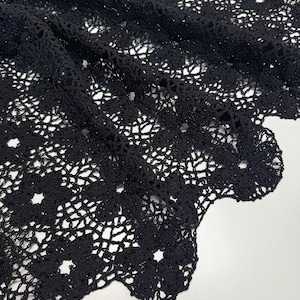 Cotton Macrame Lace Fabric: Beaded Scalloped Edge, Couture Bridal - Black