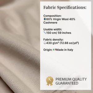 Discover a high-quality Cashmere in Pearl color. This Fabric is ideal for coats and jackets. Cashmere is a luxurious fabric, made with cashmere and wool fibers, extremely soft and comfortable to wear. This fabric gives the things made from this fabric a luxurious look and superb calm.  
Features:
✔️The Zibelino fabric