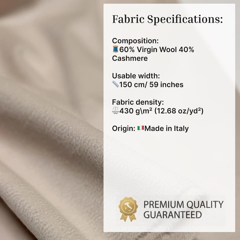 Discover a high-quality Cashmere in Pearl color. This Fabric is ideal for coats and jackets. Cashmere is a luxurious fabric, made with cashmere and wool fibers, extremely soft and comfortable to wear. This fabric gives the things made from this fabric a luxurious look and superb calm.  
Features:
✔️The Zibelino fabric
