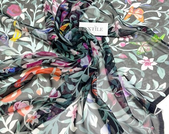 Silk Chiffon Fabric Panel: Italian Designer Black Floral Dress Fabric