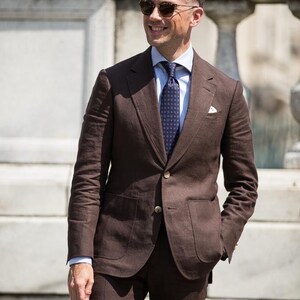 Example suit: Elegant Textured Wool Fabric with linen fibers for Tailored Suits and Dresses - Rich Brown Hue: Fabric by the Meter