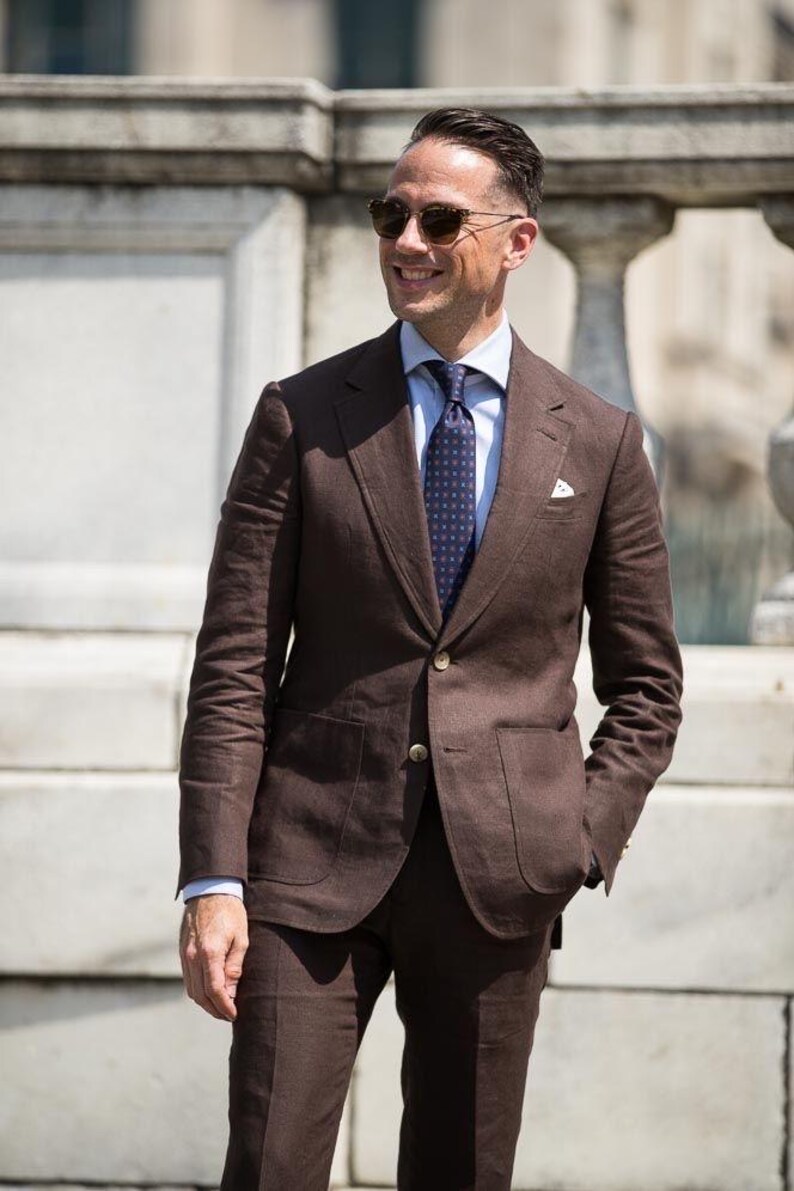 Example suit: Elegant Textured Wool Fabric with linen fibers for Tailored Suits and Dresses - Rich Brown Hue: Fabric by the Meter