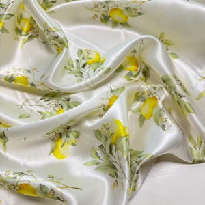 Silk Satin Fabric, Lemon Branches, and Mediterranean Majolica Fabric, Premium Natural Italian Deadstock Silk for Elegant Dresses and Blouses