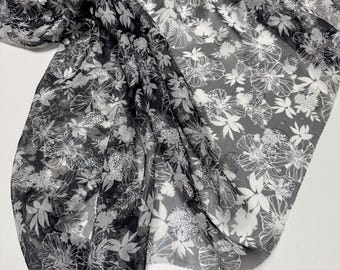 Italian Silk Chiffon Fabric: Black Wildflower Print with Silver Lurex