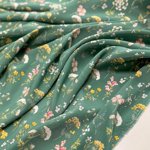 High-quality Flower Print Silk Satin Fabric, Luxury Natural Silk for Dresses, Silk for Designer Sewing, Italy Silk | Sage color base