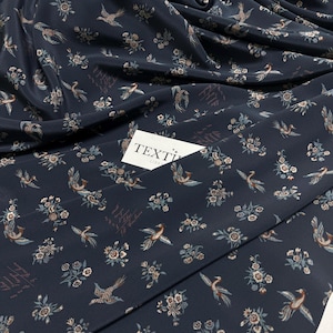 Exclusive Blue Bird Pattern Silk Fabric by the Meter/Yard, Luxury Italian Silk crepe de chine for Dresses Designer Projects