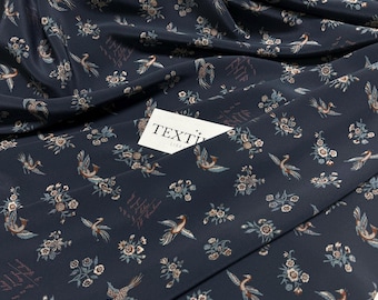 Italian Silk Crepe de Chine Fabric: Italian Luxury Dressmaking - Blue with Bird