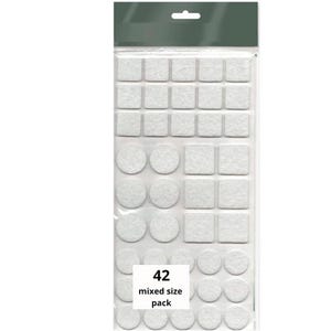 May include: A pack of 42 white felt furniture pads in a variety of sizes, including round and square shapes. The pack is labelled "42 mixed size pack".