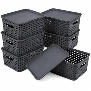 May include: A set of six rectangular dark grey storage baskets with a woven-look pattern. Each basket features integrated side handles and a removable solid lid. The baskets are arranged in a stacked formation with one lid placed in the foreground.