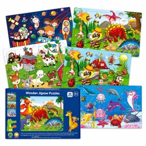 May include: A set of six wooden jigsaw puzzles featuring colourful cartoon illustrations of space, dinosaurs, farm animals, insects, and sea creatures. The set includes a blue storage box labelled Wooden Jigsaw Puzzles with 30 pieces per puzzle.