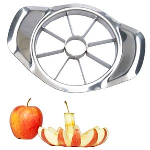May include: A stainless steel apple slicer featuring a circular frame with eight radial blades and a central core cutter, accompanied by a whole red apple and an apple that has been sliced into eight even wedges with the core removed.