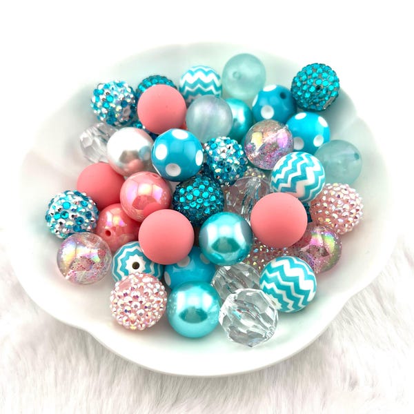 Juego de cuentas acrílicas de chicle de 20 mm: mezcla de azul, rosa y blanco. Cuentas para manualidades, collares, cordones y bolígrafos. Juegos de cuentas DIY. Manualidades. Gota de lluvia.