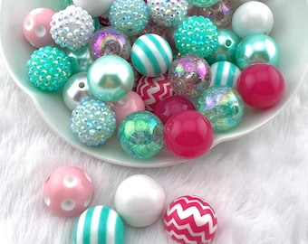 20mm Bubblegum Bead Set, Pink, Mint, and White Acrylic Beads, Rhinestone, Matte and Pearl DIY Crafts Wholesale Bead Mix Mint Suprise