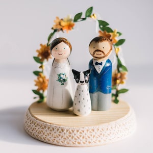 Autumn Wedding Cake topper. Personalized wedding cake toppers. Peg dolls. Custom Cake Toppers and Leaves Arch.Boho wooden Cake image 1