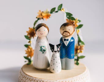 Autumn Wedding Cake topper. Personalized wedding cake toppers. Peg dolls. Custom Cake Toppers and Leaves Arch.Boho wooden Cake