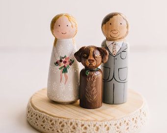 Wedding Cake Toppers with dog. Peg Doll cake topper. Custom wedding cake topper. Wedding cake toppers with cat, dog.Cake topper