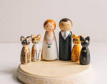 Wedding Cake Toppers with cat. Peg Doll cake topper. Custom wedding cake topper. Wedding cake toppers with pet, dog.Caketopper