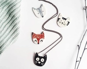 Cute fox or Cat pendant, cat ceramic pendant, nature accessories, Little fox necklace, Fox pendant. Handmade clay pendant.