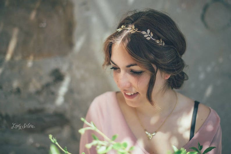 Bridal headband. Gold Leaf Bridal Headband. Wedding Headpiece. Olive Bridal headband. Women boho elastic Headband. Boho wedding image 8