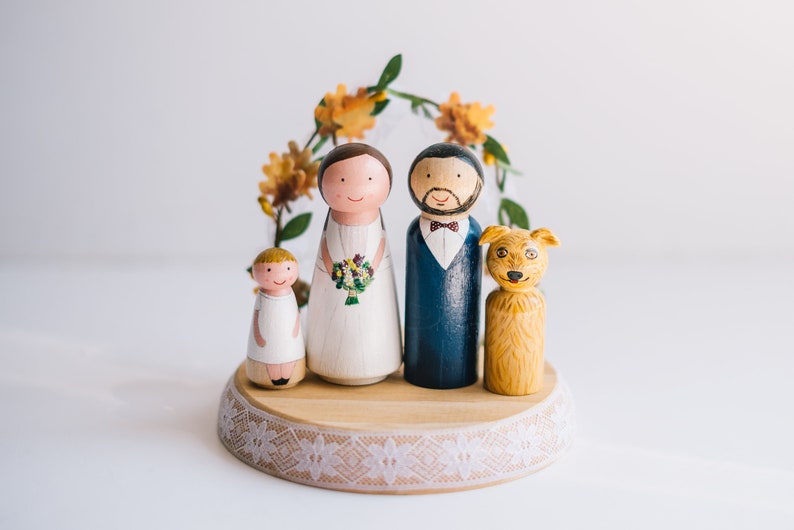 Autumn Wedding Cake topper. Personalized wedding cake toppers. Peg dolls. Custom Cake Toppers and Leaves Arch.Boho wooden Cake image 2