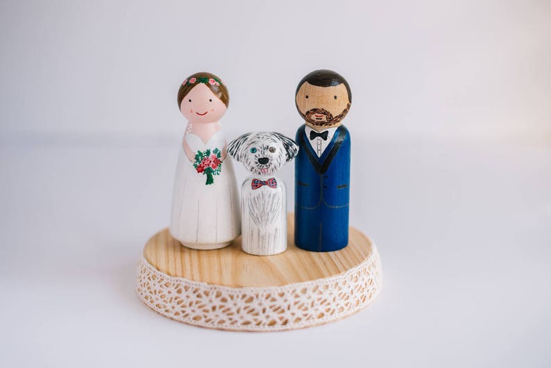 Wedding Cake Toppers with dog. Peg Doll cake topper. Custom wedding cake topper. Wedding cake toppers with cat, dog.Cake topper image 3
