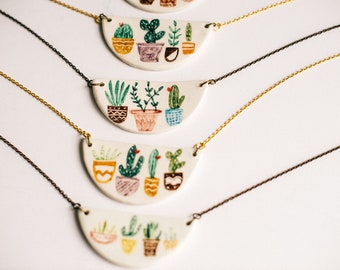 Cactus Pots Ceramic necklace/Cactus illustration, ceramic jewelry, ceramic cactus necklace, Plant jewelry, cactus pendant,