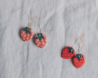 Strawberry Hoop Earrings, ceramic strawberry earrings