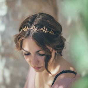 Bridal headband. Gold Leaf Bridal Headband. Wedding Headpiece. Olive Bridal headband. Women boho elastic Headband. Boho wedding image 5