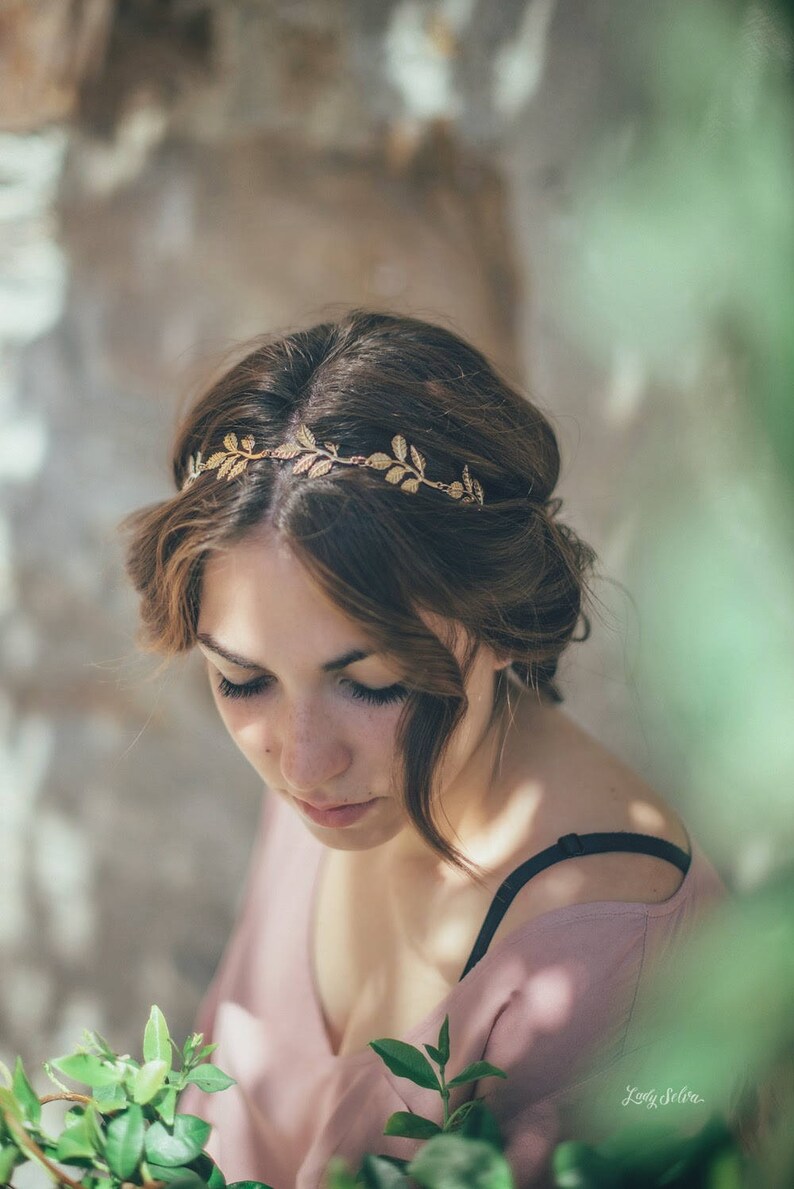 Bridal headband. Gold Leaf Bridal Headband. Wedding Headpiece. Olive Bridal headband. Women boho elastic Headband. Boho wedding image 5