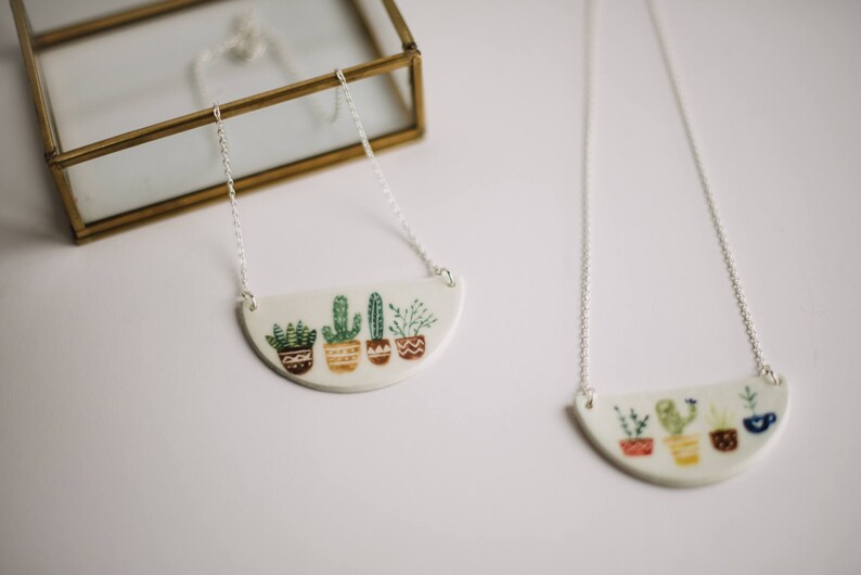 ceramic jewelry Plant jewelry Cactus Pots Ceramic necklaceCactus illustration cactus pendant, ceramic cactus necklace