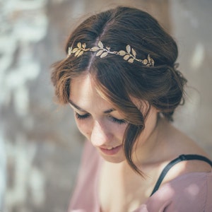 Bridal headband. Gold Leaf Bridal Headband. Wedding Headpiece. Olive Bridal headband. Women boho elastic Headband. Boho wedding image 3