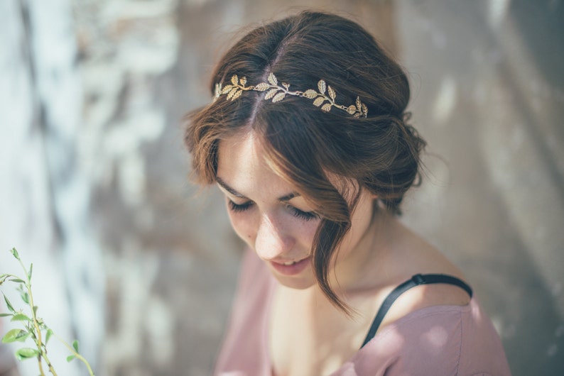 Bridal headband. Gold Leaf Bridal Headband. Wedding Headpiece. Olive Bridal headband. Women boho elastic Headband. Boho wedding image 3