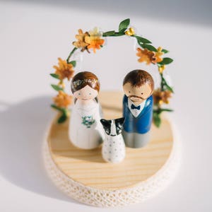 Autumn Wedding Cake topper. Personalized wedding cake toppers. Peg dolls. Custom Cake Toppers and Leaves Arch.Boho wooden Cake image 6