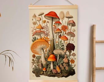 Vintage Retro Mushrooms Illustrations Hanging Canvas Art Nature Painting Vintage Wall Art Canvas Wall Art Farmhouse Decor Tapestry Wall.